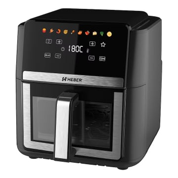 Friteuza cu aer cald Heber®, 2000W, 9L, Display digital touch, 10 programe, Interior metalic, Fara ulei, Negru