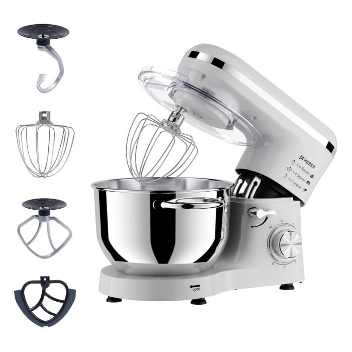 Mixer cu bol din inox Heber®, 1500 W, Bol 6.2 L inox, 6 Viteze, Functie Pulse, Miscare eliptica
