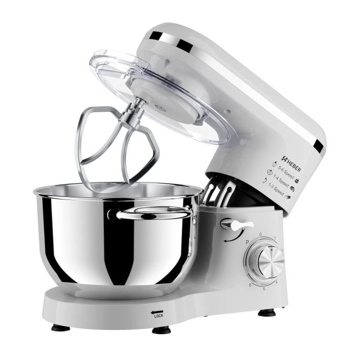 Mixer cu bol din inox Heber®, 1500 W, Bol 6.2 L inox, 6 Viteze, Functie Pulse, Miscare eliptica