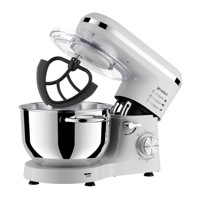 Mixer cu bol din inox Heber®, 1500 W, Bol 6.2 L inox, 6 Viteze, Functie Pulse, Miscare eliptica