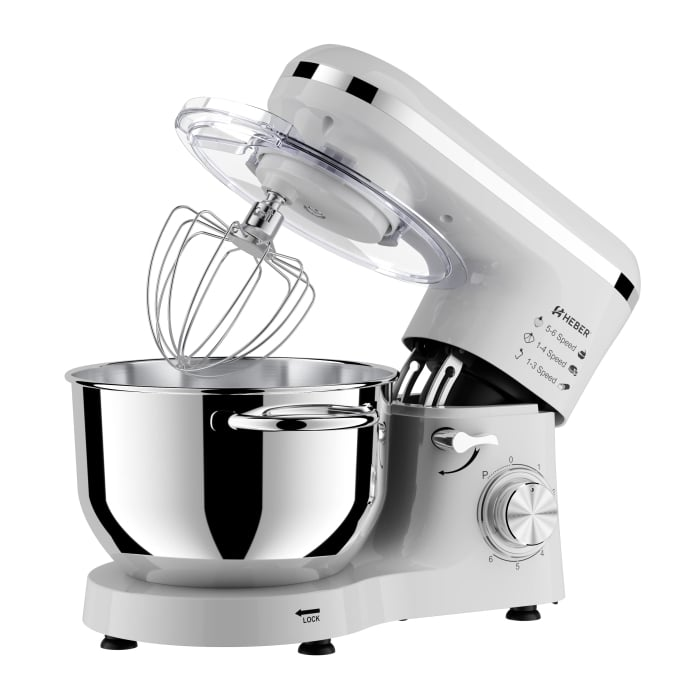 Mixer cu bol din inox Heber®, 1500 W, Bol 6.2 L inox, 6 Viteze, Functie Pulse, Miscare eliptica