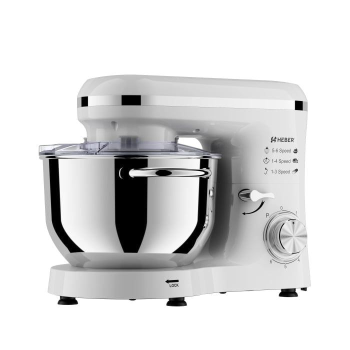 Mixer cu bol din inox Heber®, 1500 W, Bol 6.2 L inox, 6 Viteze, Functie Pulse, Miscare eliptica