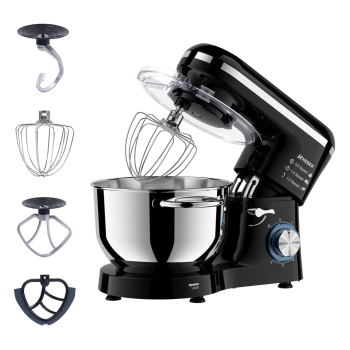 Mixer cu bol din inox Heber®, 1500 W, Bol 6.2 L inox, 6 Viteze, Functie Pulse, Miscare eliptica