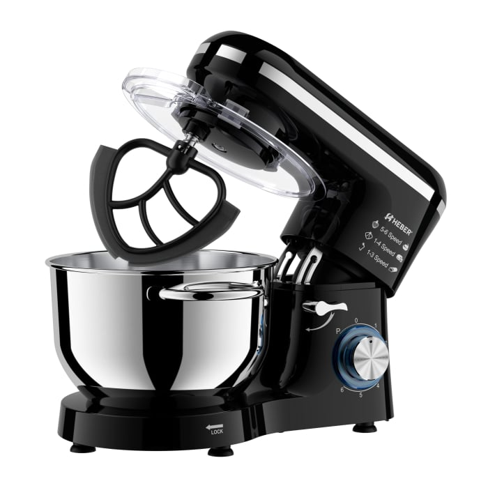 Mixer cu bol din inox Heber®, 1500 W, Bol 6.2 L inox, 6 Viteze, Functie Pulse, Miscare eliptica