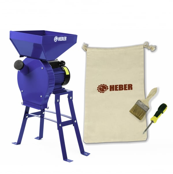 Moara electrica cu suport din metal pentru cereale si stiuleti (2 in 1), HEBER®, Cuva Mare, motor 3,5 kw (100% cupru), 3000 rpm, 300 kg/h, 4 site de rezerva, 20 ciocanele