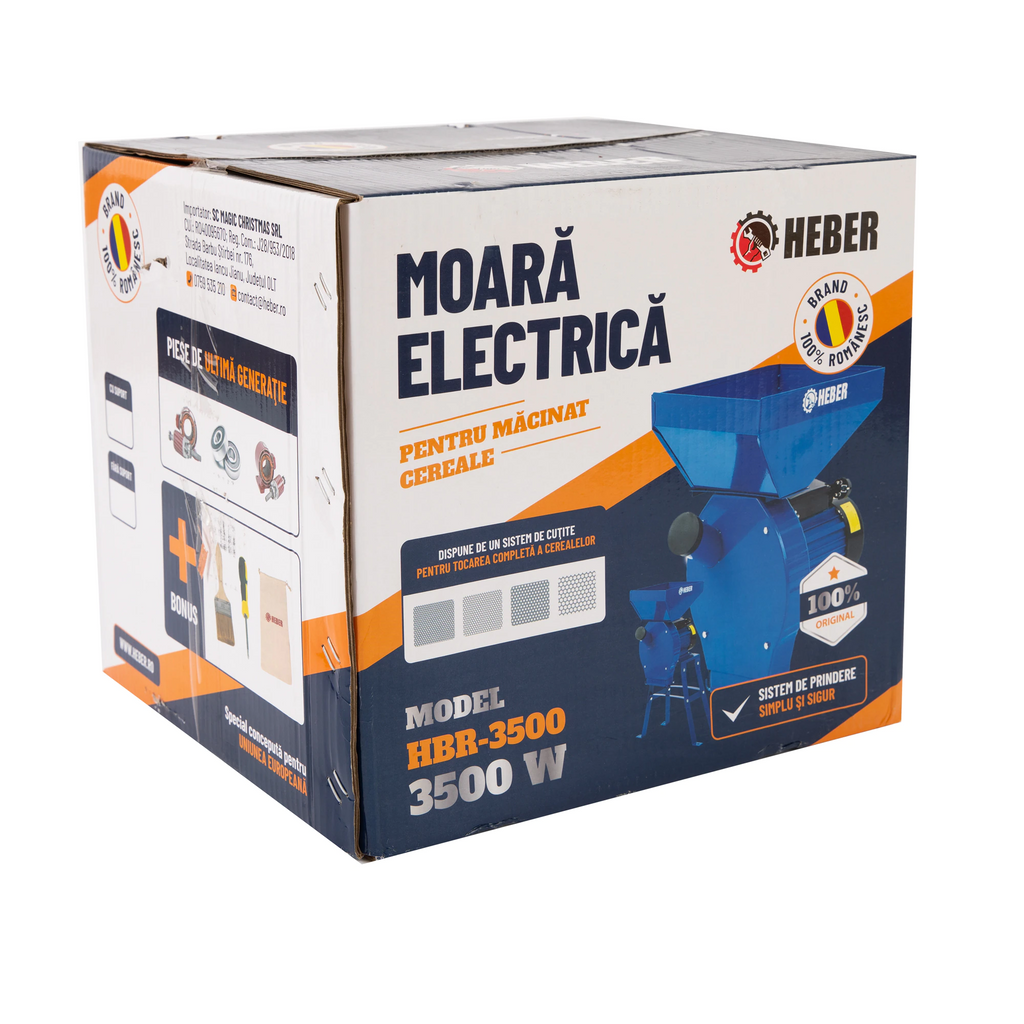 Moara electrica cu suport din metal pentru cereale si stiuleti (2 in 1), HEBER®, Cuva Mare, motor 3,5 kw (100% cupru), 3000 rpm, 300 kg/h, 4 site de rezerva, 20 ciocanele