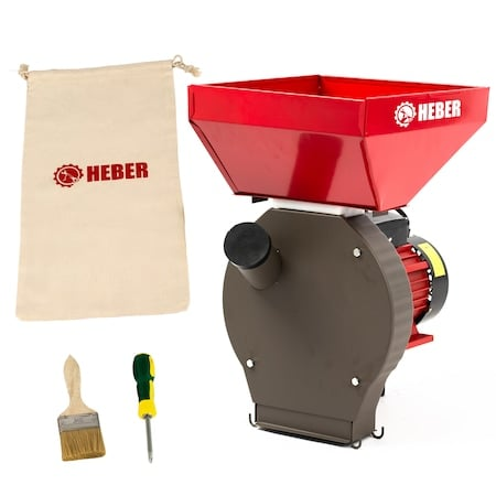 Moara electrica Heber®, 3.8 kw 3000 rpm motor 100% cupru, 300 kg/ora, cuva mare, 20 de ciocanele pentru cereale si stiuleti + sac, surubelnita, perie
