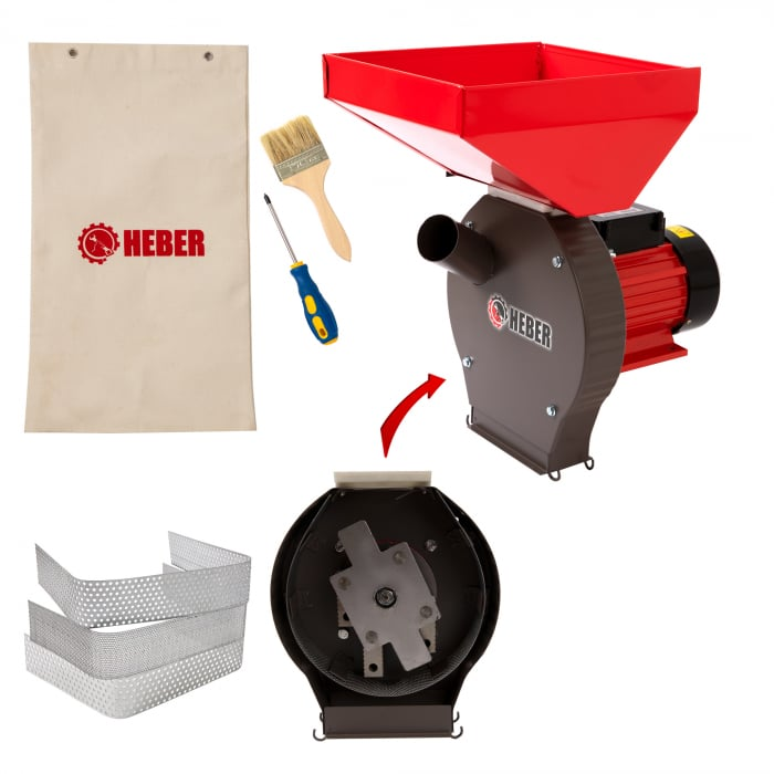 Moara electrica Heber®, 3.8 kw 3000 rpm motor 100% cupru, 300 kg/ora, cuva mare, 20 de ciocanele pentru cereale si stiuleti + sac, surubelnita, perie