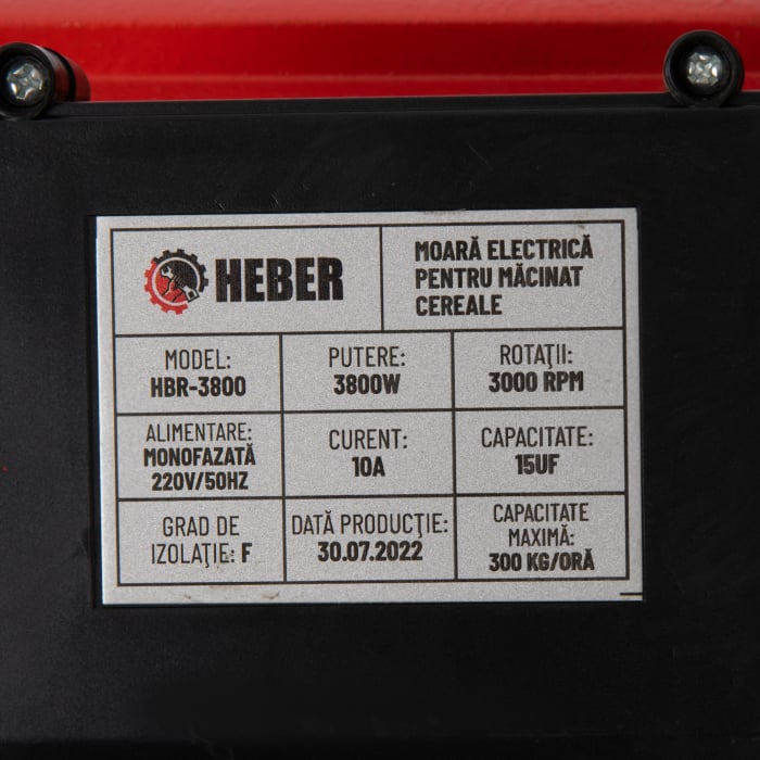 Moara electrica Heber®, 3.8 kw 3000 rpm motor 100% cupru, 300 kg/ora, cuva mare, 20 de ciocanele pentru cereale si stiuleti + sac, surubelnita, perie