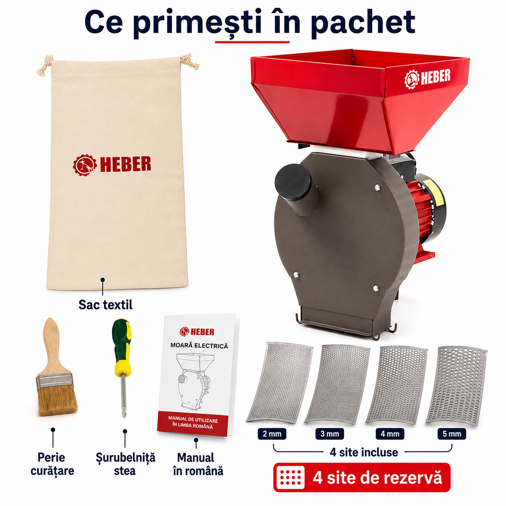 Moara electrica Heber®, 3.8 kw 3000 rpm motor 100% cupru, 300 kg/ora, cuva mare, 20 de ciocanele pentru cereale si stiuleti + sac, surubelnita, perie