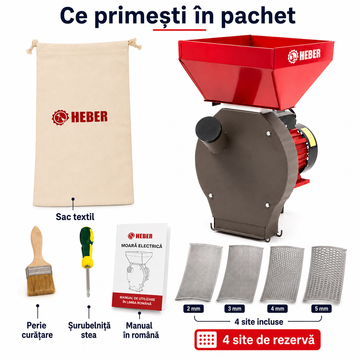 Moara electrica Heber®, 3.8 kw 3000 rpm motor 100% cupru, 300 kg/ora, cuva mare, 20 de ciocanele pentru cereale si stiuleti + sac, surubelnita, perie