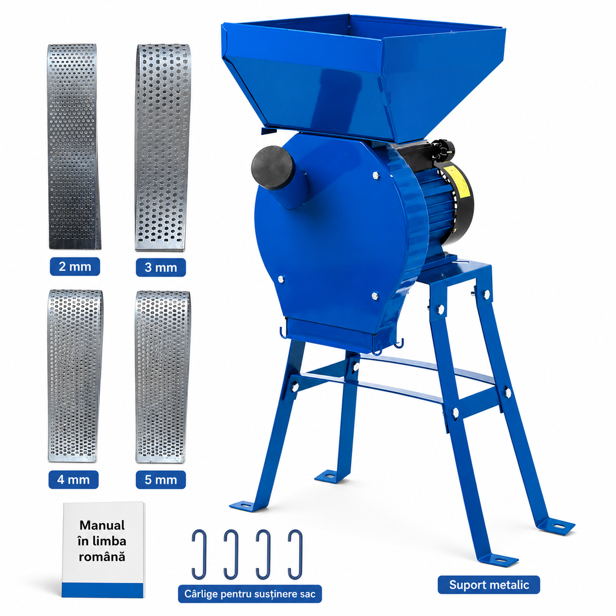 Set moara HEBER® cu suport metalic 2 in 1, 3.9KW, 100% cupru, 300kg/ora, pentru macinat cereale, uruiala, porumb boabe, stiuleti, coceni, butuc cu 20 ciocanele, 4 site