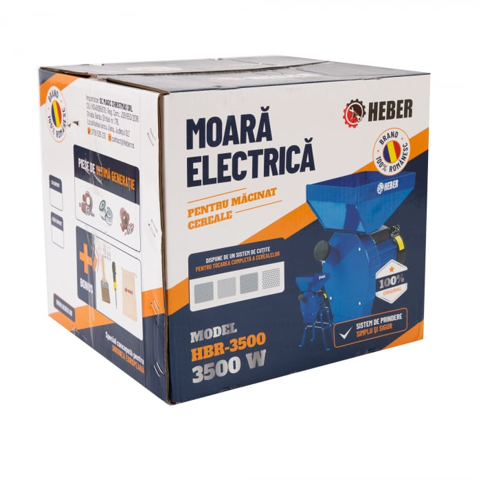 Moara electrica pentru cereale si stiuleti (2 in 1), HEBER®, Cuva Mare, motor 3,5 kw (100% cupru), 3000 rpm, 300 kg/h, 4 site de rezerva, 20 ciocanele