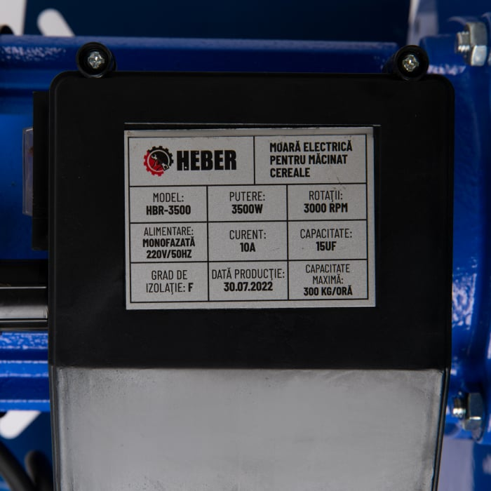 Moara electrica pentru cereale si stiuleti (2 in 1), HEBER®, Cuva Mare, motor 3,5 kw (100% cupru), 3000 rpm, 300 kg/h, 4 site de rezerva, 20 ciocanele