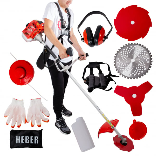 Motocoasa Heber® HBR-6300, 6 CP, 10.000Rpm + 4 Sisteme Taiere, Ham Profesional, MOTOR 2 TIMPI