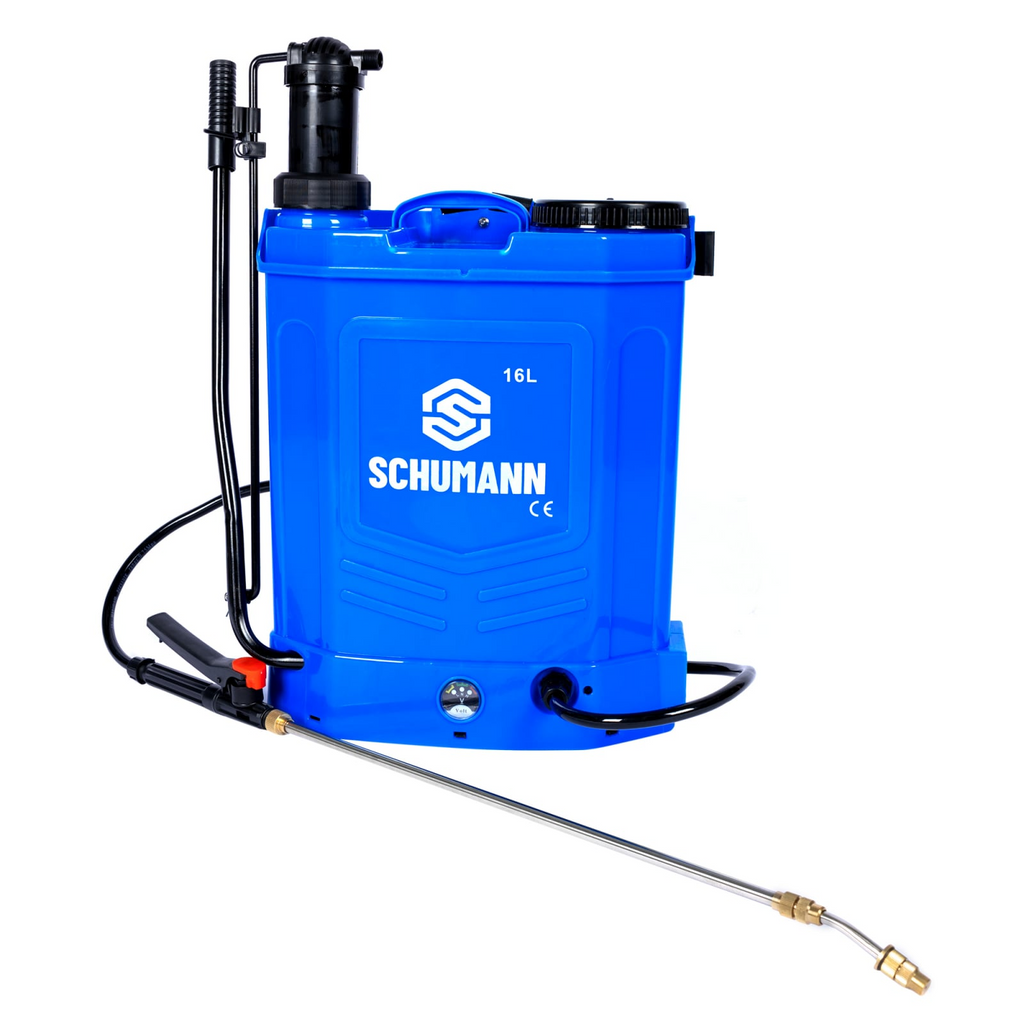 Pompa de stropit electrica + manuala 2 in 1, Schumann®, 16 L, acumulator, 6 BAR, regulator, 5 duze de stropire incluse