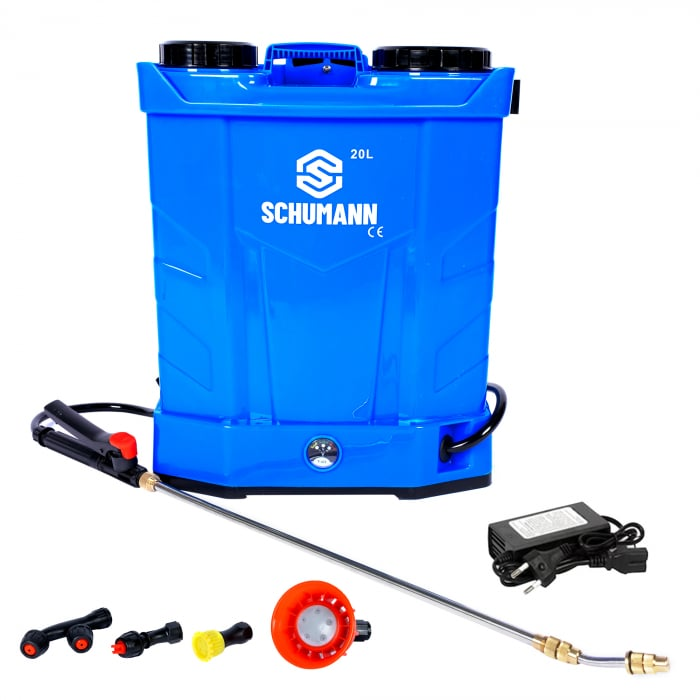 Pompa de stropit electrica + manuala 2 in 1, Schumann®, 16 L, acumulator, 6 BAR, regulator, 5 duze de stropire incluse