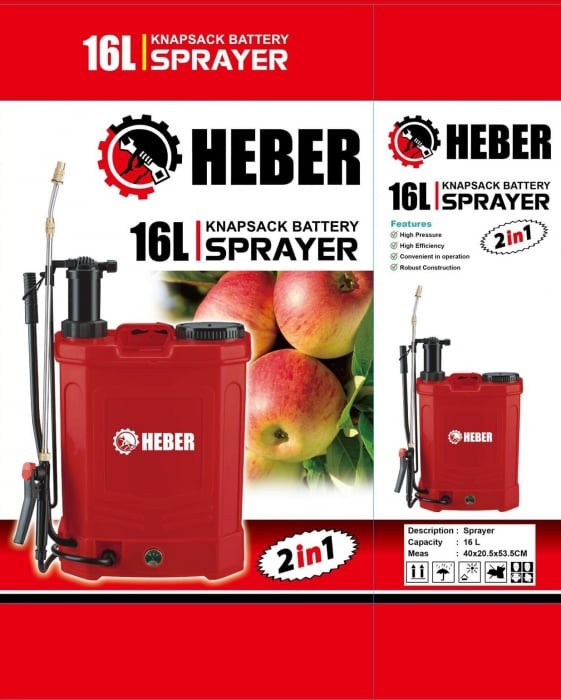Pompa de stropit electrica + manuala (2in1), HEBER, 16 L, acumulator, 6 BAR, regulator, 5 duze de stropire incluse incluse