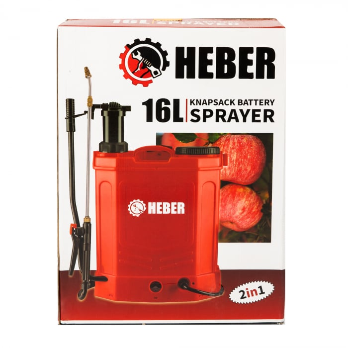 Pompa de stropit electrica + manuala (2in1), HEBER, 16 L, acumulator, 6 BAR, regulator, 5 duze de stropire incluse incluse