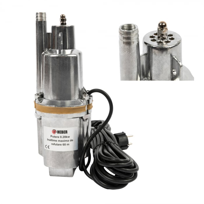 Pompa submersibila cu vibratii pentru apa curata Heber®, 280 W, 3/4" racordare, 18 l/min debit maxim, 6 m adancime absorbtie, 60 m inaltime refulare