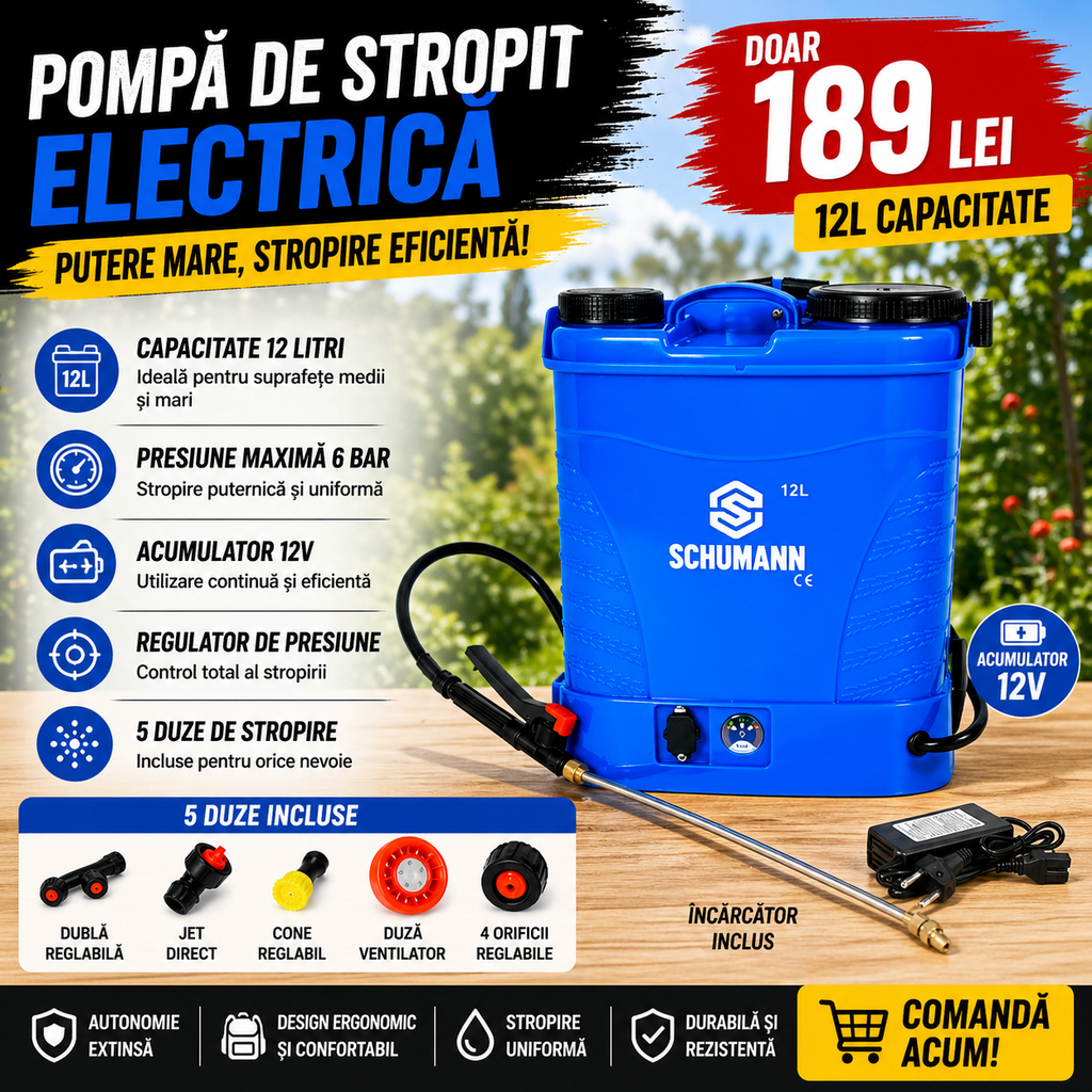 Pompa de stropit electrica, Schumann®, 12 L, acumulator, 6 BAR, regulator, 5 duze de stropire incluse