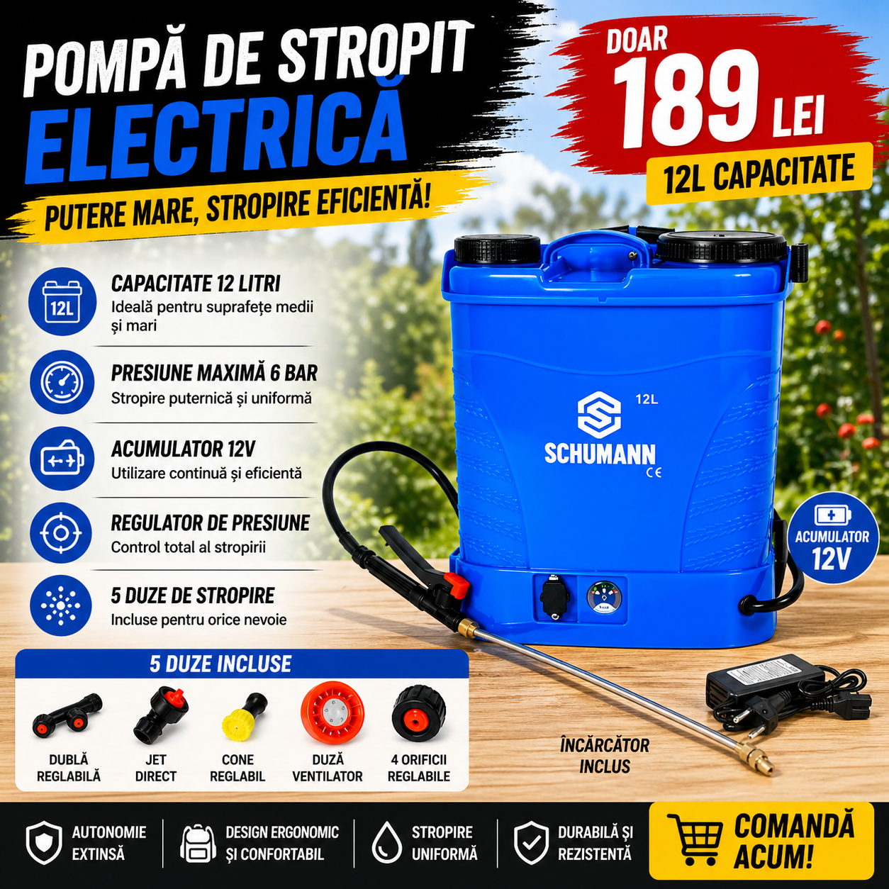 Pompa de stropit electrica, Schumann®, 12 L, acumulator, 6 BAR, regulator, 5 duze de stropire incluse