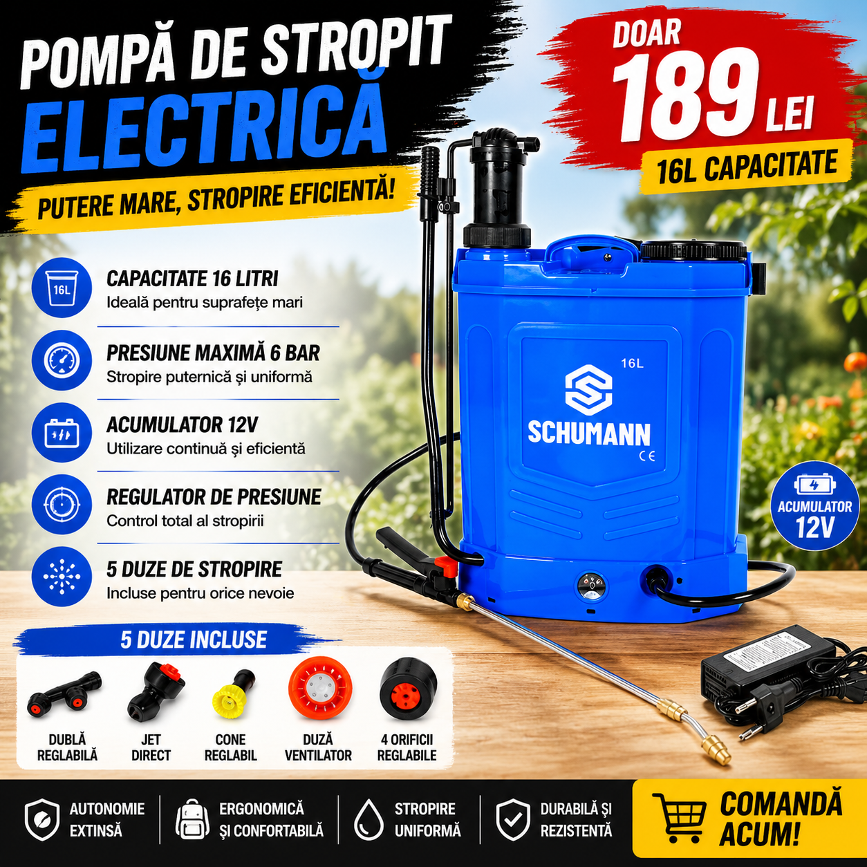 Pompa de stropit electrica + manuala 2 in 1, Schumann®, 16 L, acumulator, 6 BAR, regulator, 5 duze de stropire incluse