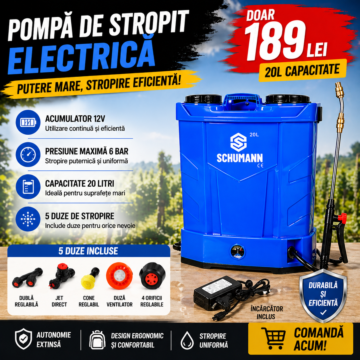 Pompa de stropit electrica, Schumann®, 20 L, acumulator, 6 BAR, regulator, 5 duze de stropire incluse