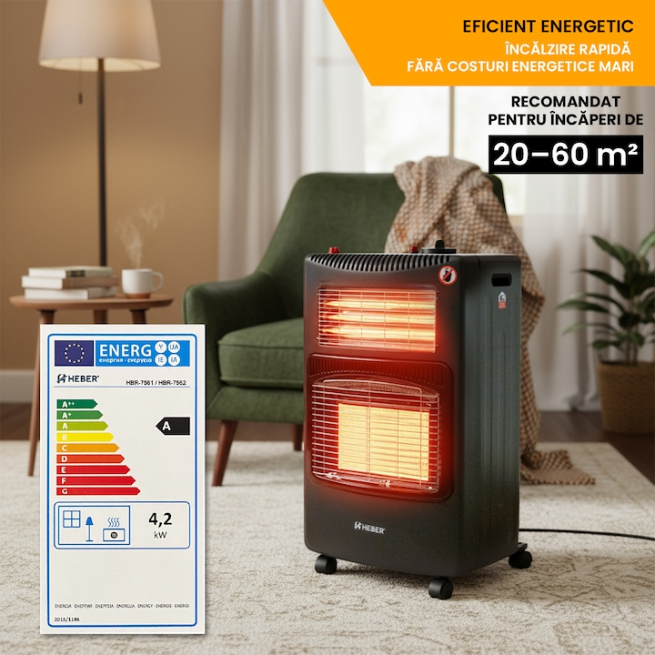 Soba portabila pe GPL si Electric, Heber HBR-7562, Acoperire 20-60 mp, Senzor ODS Siguranta, 4200 W, 4 Roti, Protectie rasturnare, Aprindere Piezo