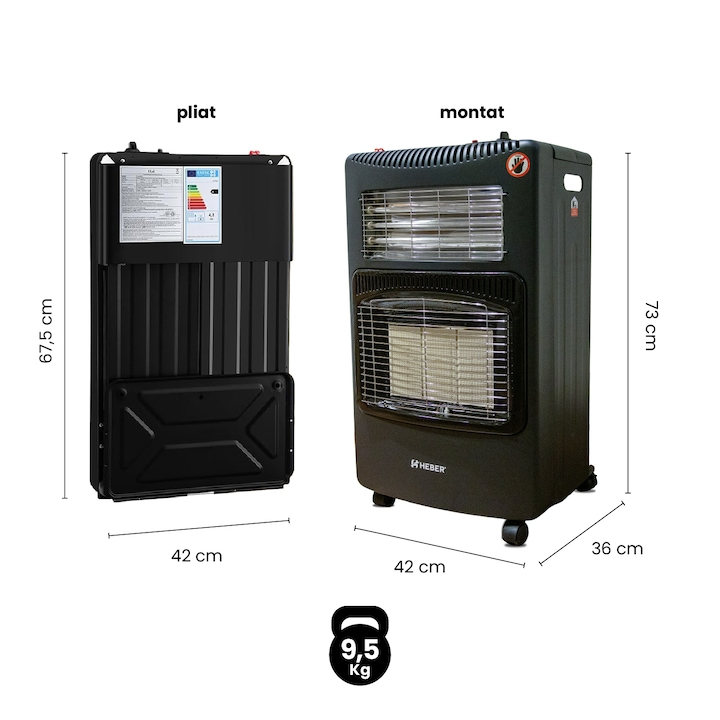 Soba portabila pe GPL si Electric, Heber HBR-7562, Acoperire 20-60 mp, Senzor ODS Siguranta, 4200 W, 4 Roti, Protectie rasturnare, Aprindere Piezo