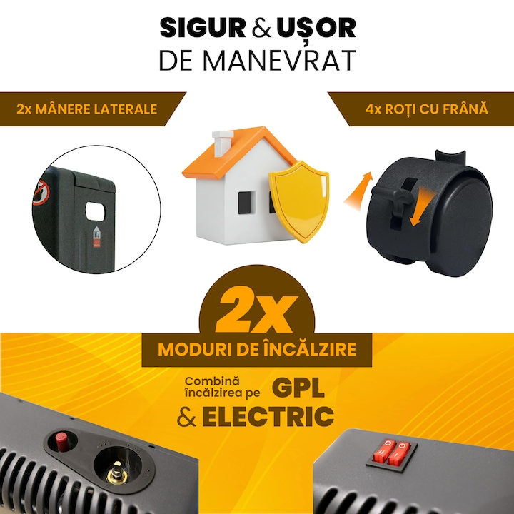 Soba portabila pe GPL si Electric, Heber HBR-7562, Acoperire 20-60 mp, Senzor ODS Siguranta, 4200 W, 4 Roti, Protectie rasturnare, Aprindere Piezo