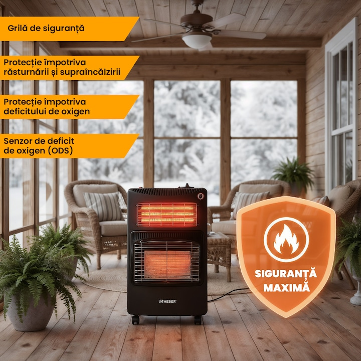 Soba portabila pe GPL si Electric, Heber HBR-7562, Acoperire 20-60 mp, Senzor ODS Siguranta, 4200 W, 4 Roti, Protectie rasturnare, Aprindere Piezo