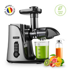 Storcator de Fructe si Legume, Heber®, cu presare la Rece, 2 Viteze Soft/Hard, Display LED, Sita Inox, Functie Reverse, 150W, Ax cu Melc, Recipient Suc 450ml, Sticla pentru calatorie 500ml, Gri
