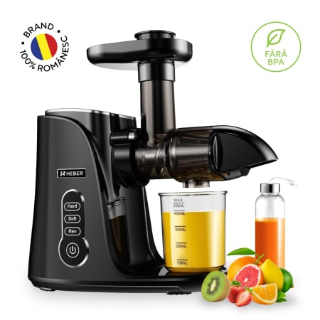 Storcator de Fructe si Legume, Heber®, cu presare la Rece, 2 Viteze Soft/Hard, Display LED, Sita Inox, Functie Reverse, 150W, Ax cu Melc, Recipient Suc 450ml, Sticla pentru calatorie 500ml