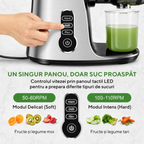 Storcator de Fructe si Legume, Heber®, cu presare la Rece, 2 Viteze Soft/Hard, Display LED, Sita Inox, Functie Reverse, 150W, Ax cu Melc, Recipient Suc 450ml, Sticla pentru calatorie 500ml, Gri
