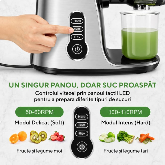 Storcator de Fructe si Legume, Heber®, cu presare la Rece, 2 Viteze Soft/Hard, Display LED, Sita Inox, Functie Reverse, 150W, Ax cu Melc, Recipient Suc 450ml, Sticla pentru calatorie 500ml, Gri