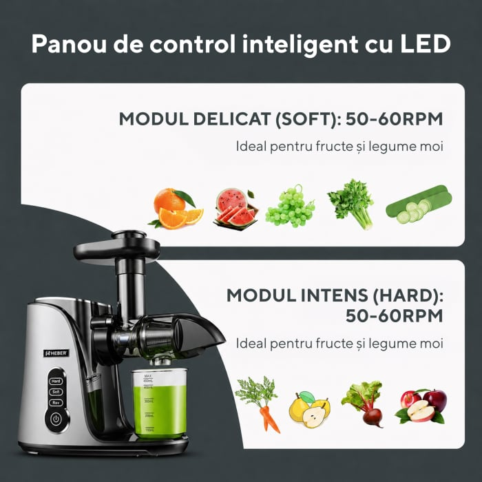 Storcator de Fructe si Legume, Heber®, cu presare la Rece, 2 Viteze Soft/Hard, Display LED, Sita Inox, Functie Reverse, 150W, Ax cu Melc, Recipient Suc 450ml, Sticla pentru calatorie 500ml, Gri