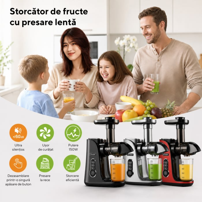 Storcator de Fructe si Legume, Heber®, cu presare la Rece, 2 Viteze Soft/Hard, Display LED, Sita Inox, Functie Reverse, 150W, Ax cu Melc, Recipient Suc 450ml, Sticla pentru calatorie 500ml